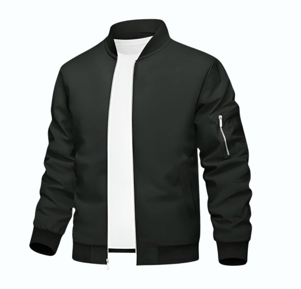 "Black slim-fit bomber jacket with white inner lining, zip-front closure, and zippered sleeve pocket."