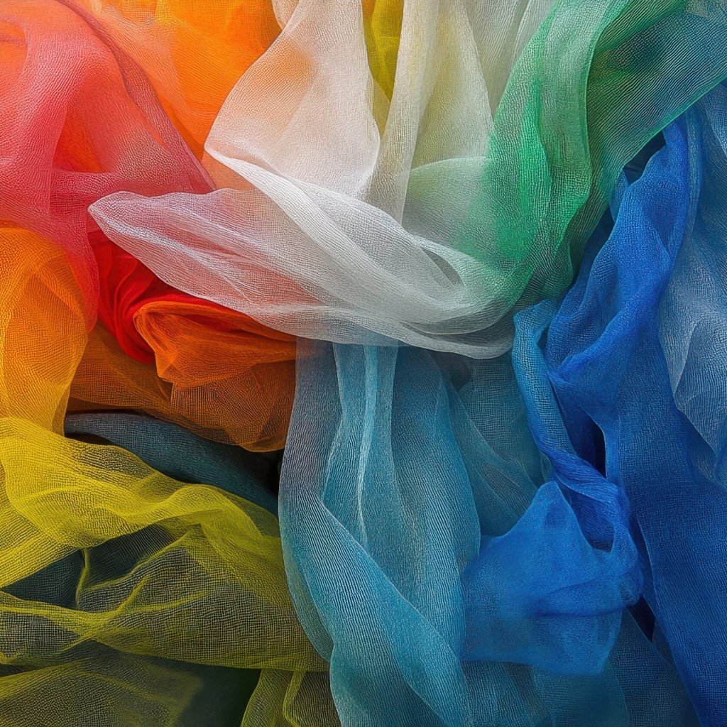 Close-up of sheer organza fabric in a spectrum of colors, lightweight and translucent with visible fine weave; overlapping layers create soft folds and color blending