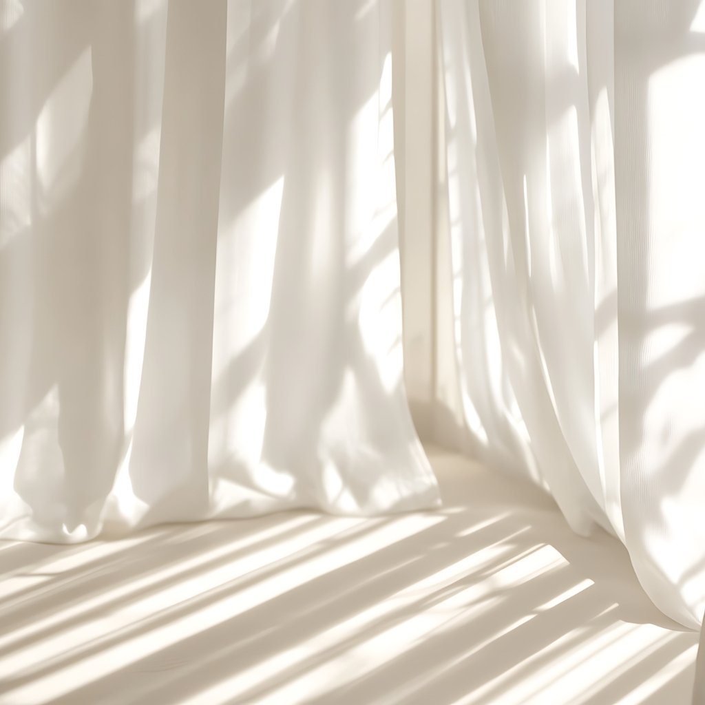 A close-up view of delicate, translucent sheer organza curtains draping and pooling on a light-colored floor; soft sunlight creates crisp shadows and subtle sheen on the fabric.