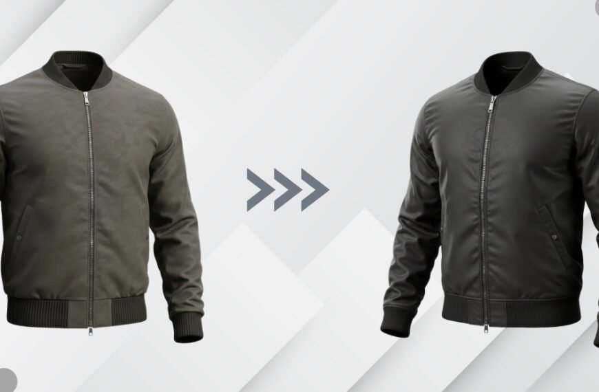 A side-by-side comparison of two men's bomber jackets: the left jacket is olive/khaki with a ribbed collar, cuffs, and hem; the right jacket is dark gray with similar ribbing. Both jackets feature a front zipper, zippered sleeve pocket, and angled front pockets.