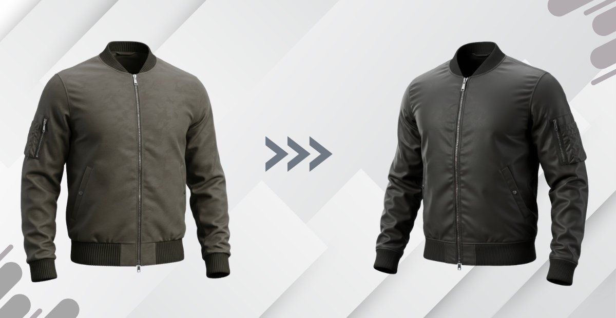 A side-by-side comparison of two men's bomber jackets: the left jacket is olive/khaki with a ribbed collar, cuffs, and hem; the right jacket is dark gray with similar ribbing. Both jackets feature a front zipper, zippered sleeve pocket, and angled front pockets.