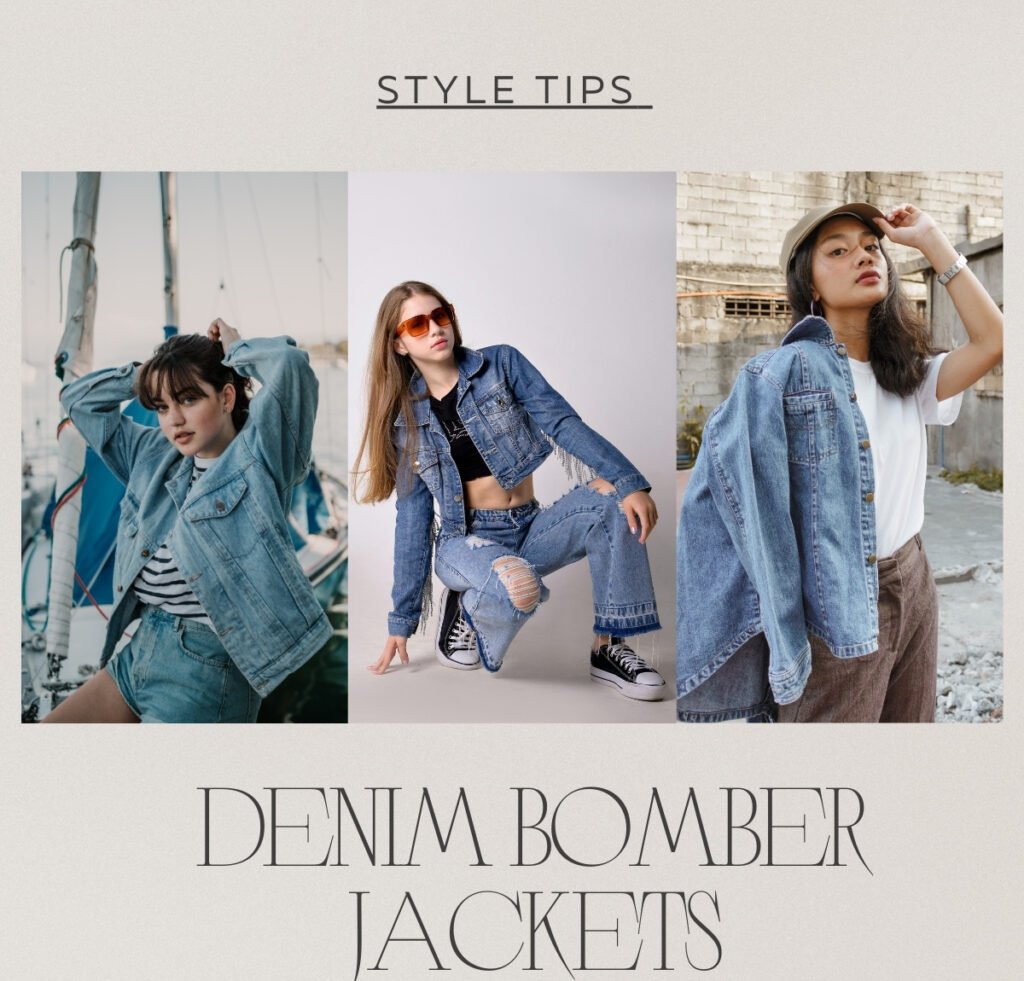 A collage featuring three models wearing denim bomber jackets: left model in a light-wash denim jacket with sleeves rolled, standing near sailboats; center model kneeling in a cropped denim jacket with ripped jeans and orange sunglasses; right model leaning against a brick wall wearing a loose denim jacket over a white tee. The header reads “STYLE TIPS” and the bottom text says “DENIM BOMBER JACKETS.”