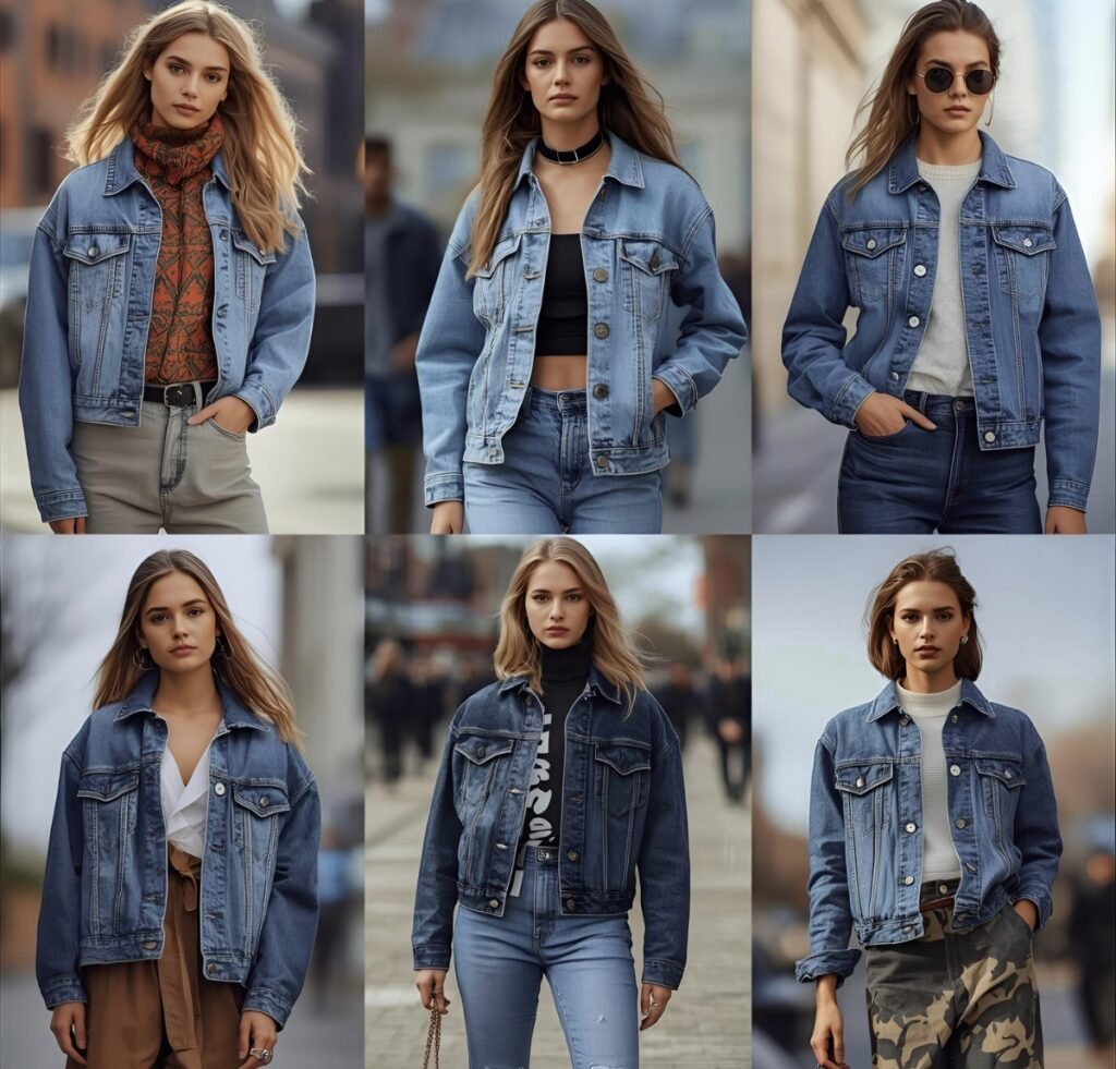 "Collage of seven women wearing denim jackets styled for different seasons: top row shows lightweight and mid-weight denim jackets with scarves and turtlenecks; bottom row shows outfits with layered tops, belts, and casual accessories. All models wear blue denim jackets in urban settings."