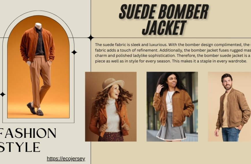 “Suede bomber jacket ensemble: a man wearing an orange suede bomber with beige pants, surrounded by decorative frame and text ‘Fashion Style’ with smaller images of women and a man in suede jackets.”