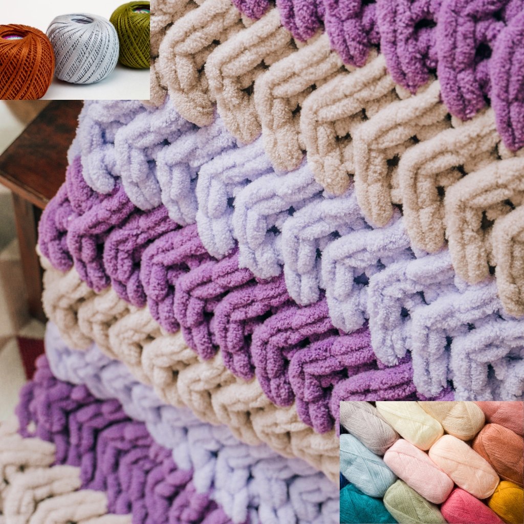 Close-up view of stacked fluffy tweed yarns in soft pastel and earthy tones (beige, lavender, cream, lilac) with small swatches of multicolored skeins inset.