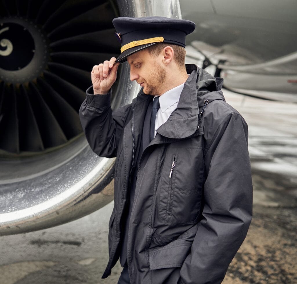 A-2 Bomber Jackets: The Perfect Blend of Rugged and Refined 3 “A man wearing a dark A-2 bomber jacket and a captain’s cap stands beside an airplane engine, tipping his cap with a calm smile.”
