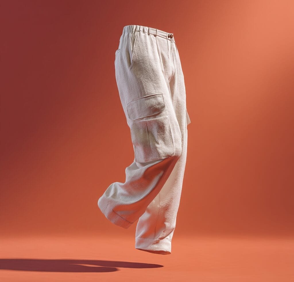 Linen Outfit Fabric Essentials: Timeless, Lightweight, Versatile 8 A pair of light linen trousers suspended mid-air against a warm orange backdrop, showing a relaxed fit with an elastic waistband and a cargo pocket on the side. Linen Outfit Fabric