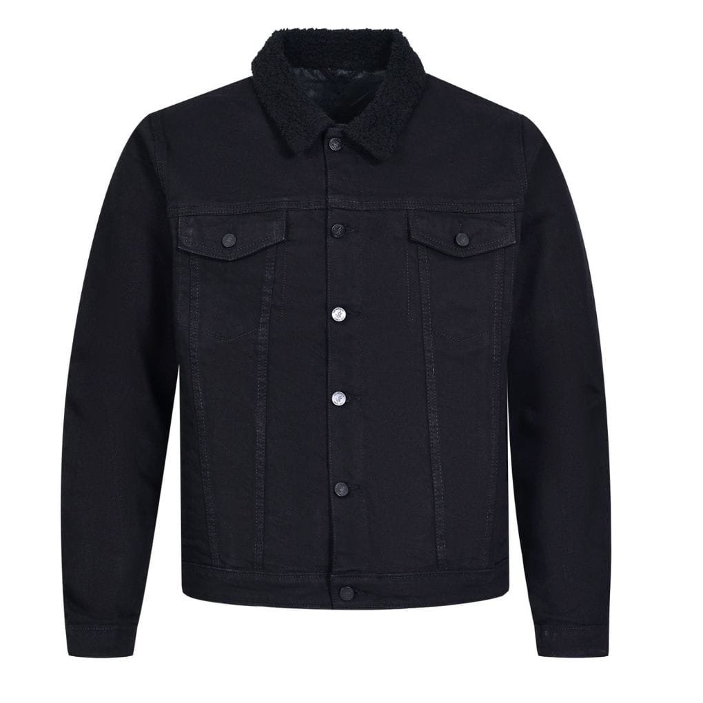 “A black denim jacket with a faux shearling collar, front button closure, two chest pockets with flaps, and visible stitching details on a plain white background.”
