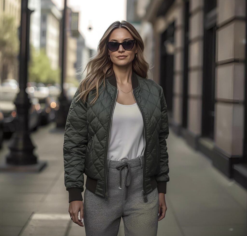 A stylish woman stands on a city sidewalk wearing a dark olive quilted bomber jacket over a white top, paired with gray jogger-style pants and oversized sunglasses. The background shows out-of-focus urban buildings and street lamps.