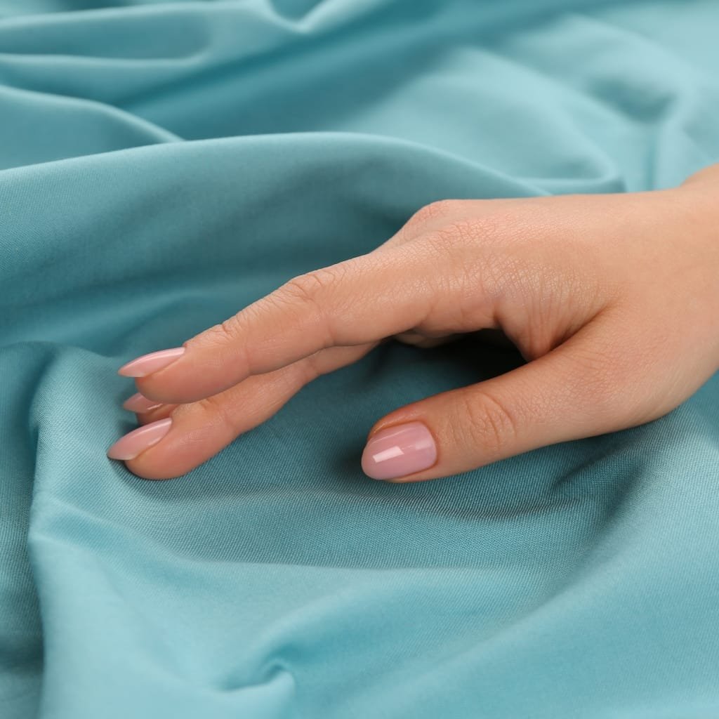 Close-up of soft, textured fabric in a neutral ivory color, highlighting the weave and tactile quality of Egyptian cotton.