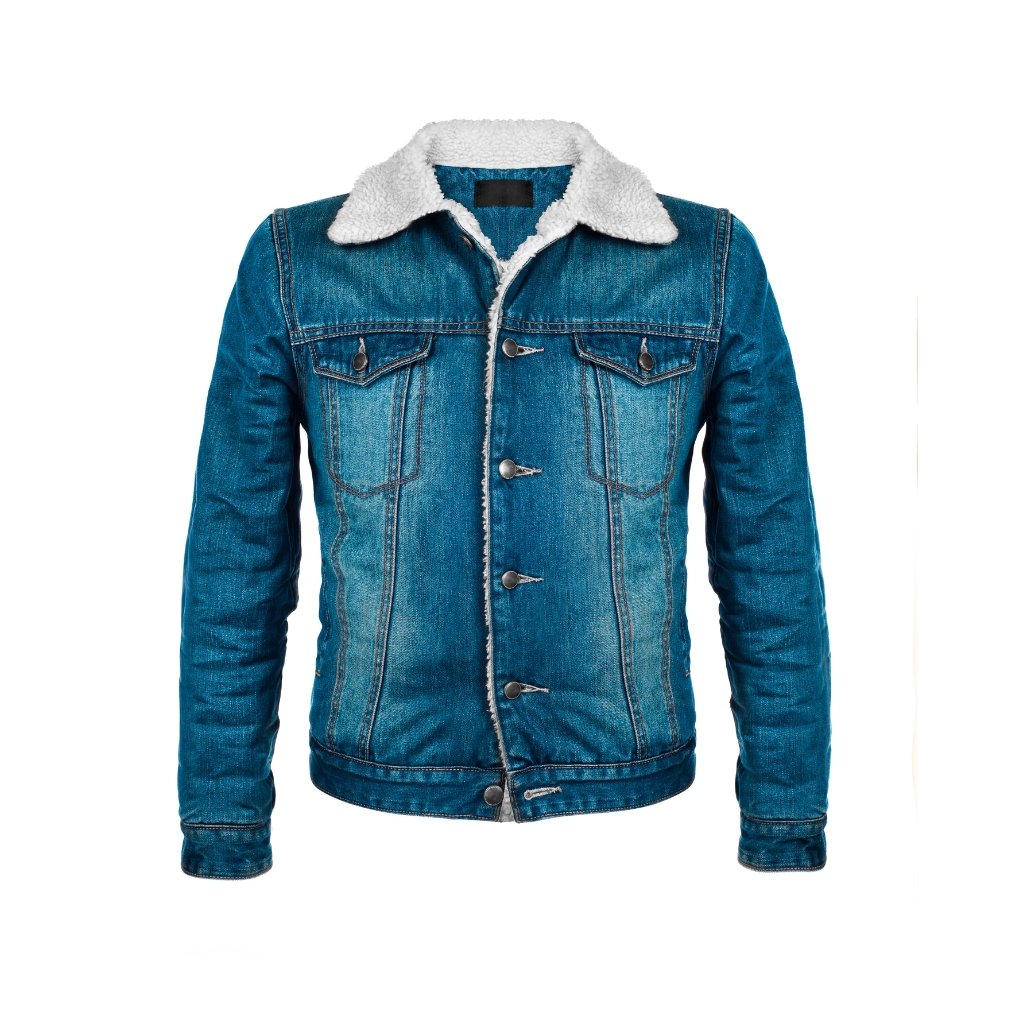Blue denim jacket with a white sherpa collar, front button closure, and chest pockets, displayed against a white background.