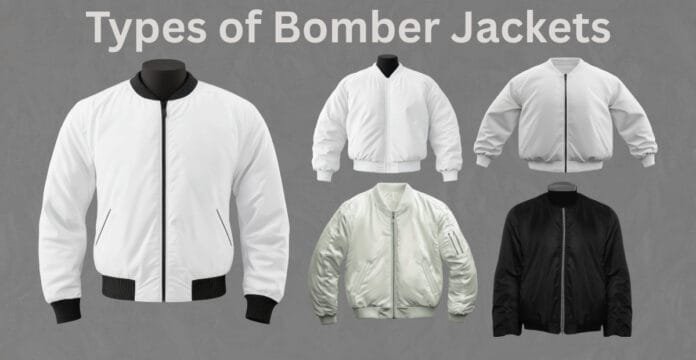 “A collage of five bomber jackets in white, light gray, black, and off-white, displayed on mannequins with the title ‘Types of Bomber Jackets’ at the top.”