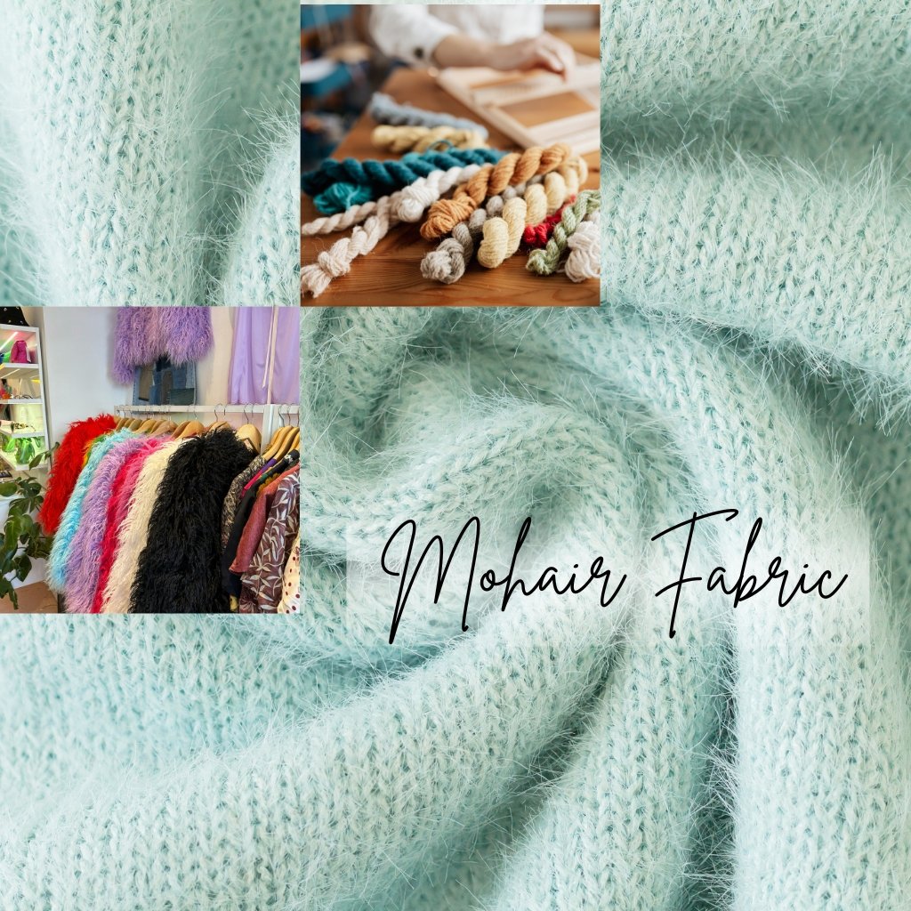 Close-up of soft, light mint-green mohair fabric with a fluffy, fuzzy texture; collage elements show yarns and colorful fabrics in a shop insets.