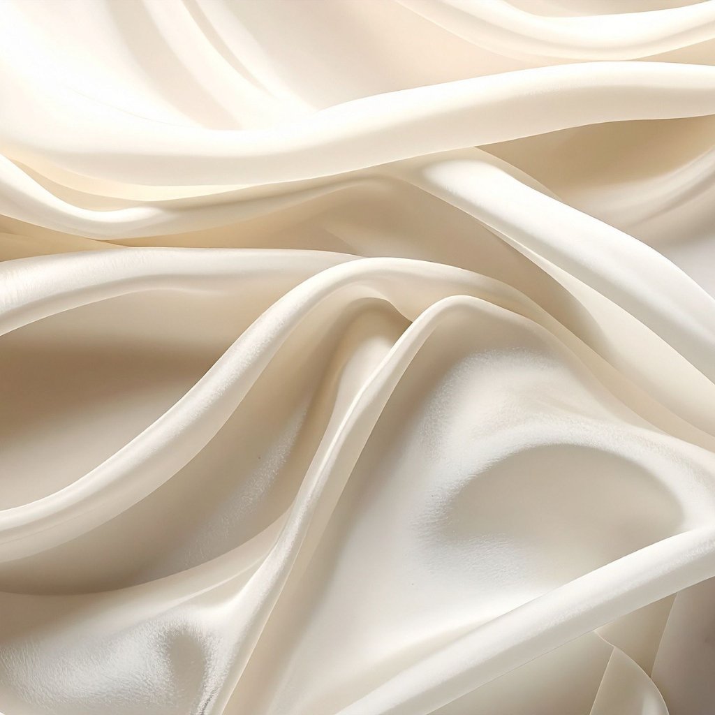 A close-up of luxurious satin organza fabric in soft ivory, showcasing smooth, flowing folds, subtle sheen, and airy, lightweight drape.