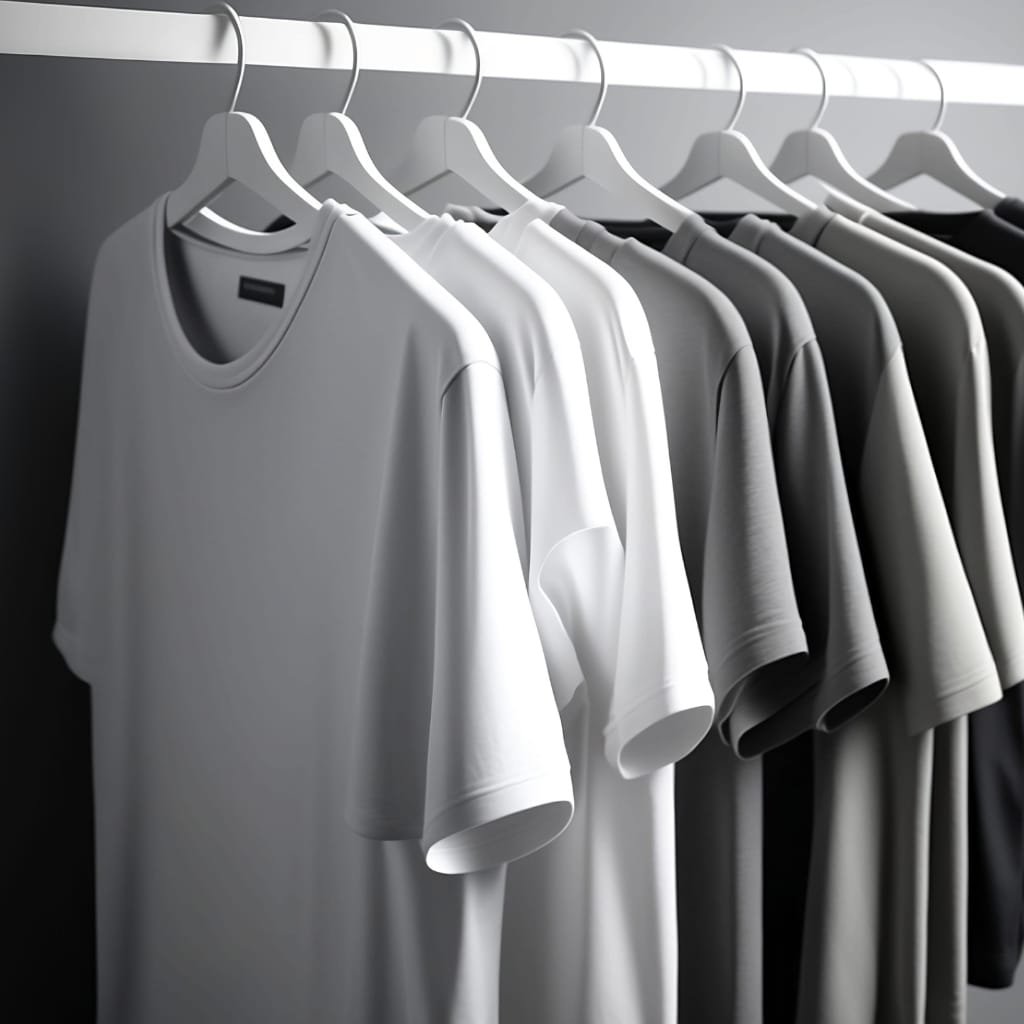 "Row of plain T-shirts hanging on a clothing rack in grayscale."