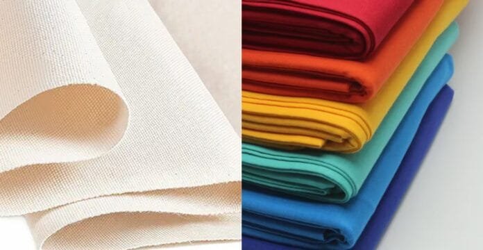 Plain white canvas fabric on the left and stacked colorful cotton fabrics in red, orange, yellow, green, blue, and purple shades on the right.