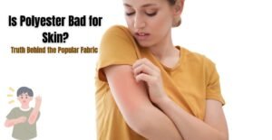 Woman scratching her irritated skin while wearing a polyester shirt, highlighting possible skin issues caused by polyester fabric.