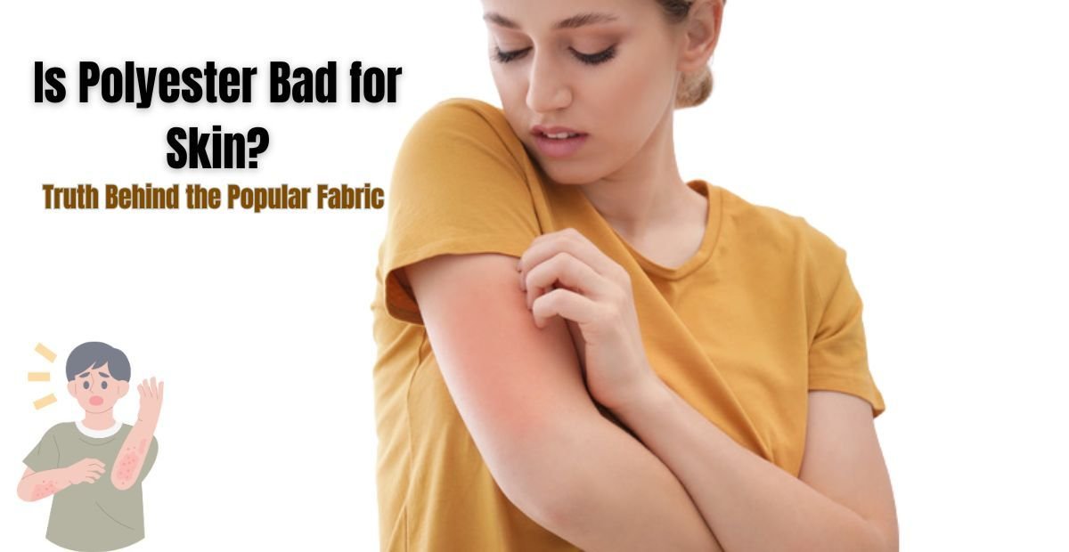 Woman scratching her irritated skin while wearing a polyester shirt, highlighting possible skin issues caused by polyester fabric.