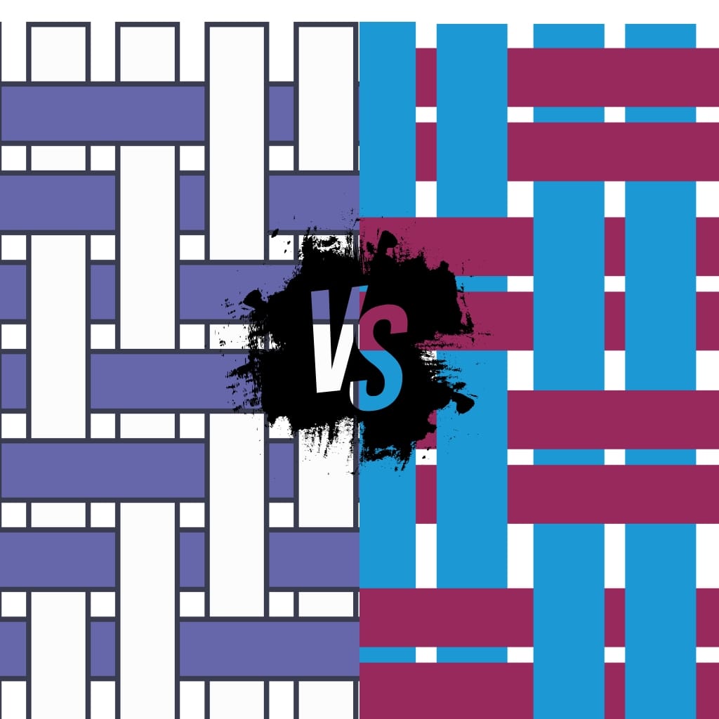 Abstract split collage with purple and blue woven rectangles on left and right, a black ink splash with white 'VS' and blue 'S' in the center. twill cotton fabric