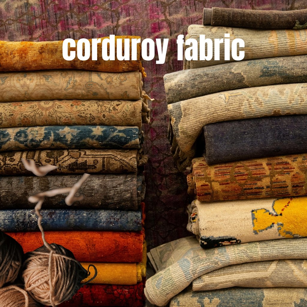 Stacks of folded fabrics in warm earth tones with varied textures, featuring corduroy and wool blends; bold white text 'corduroy fabric' overlays the top.