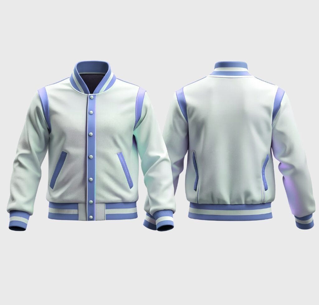 A front and back view of a light-colored varsity bomber jacket with lavender and blue trim, worn by a model. The jacket features a snap-front closure, striped ribbed cuffs and hem, and angled side pockets.