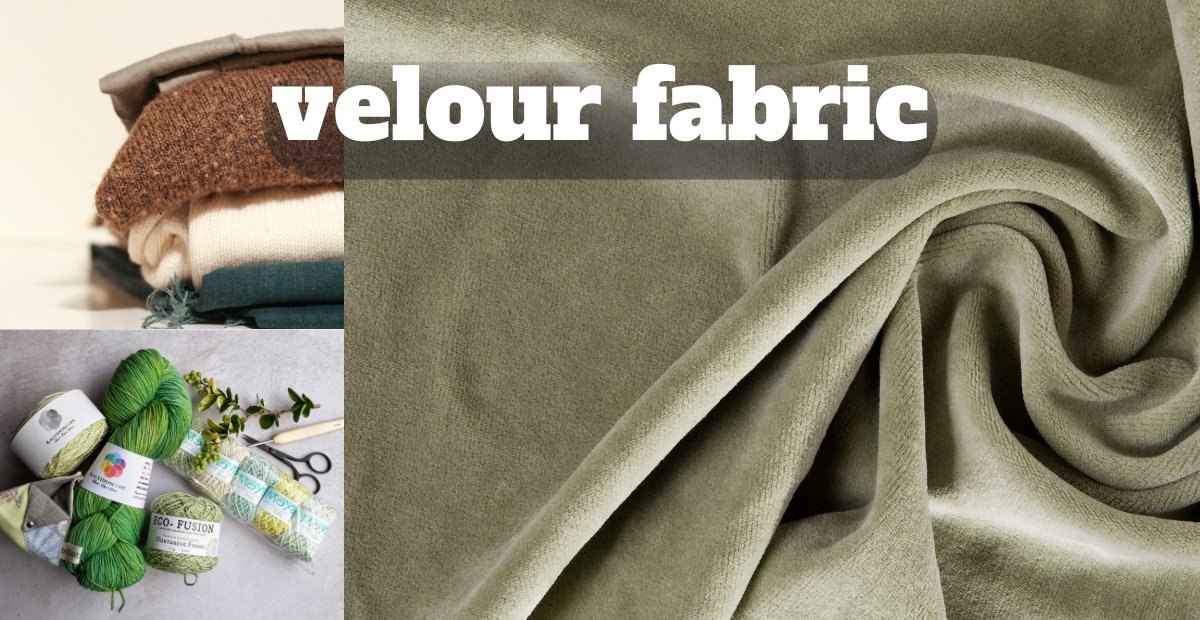 Velour Wool Fabric: History, Properties, Uses, and Care Guide A collage featuring soft velour wool fabric in olive green, folded and draped with a smooth, plush texture; small spools of green and grey yarn and sewing tools visible in a secondary image on the left.