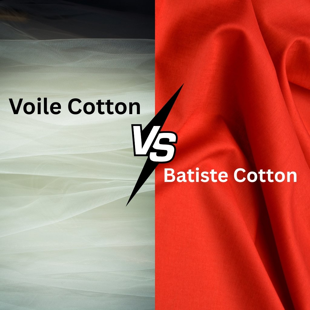 A side-by-side comparison of fabrics: left side shows pale white cotton voile with soft folds, right side shows bright red Batiste cotton with smooth, vibrant draping; a bold "VS" graphic spans the center.

