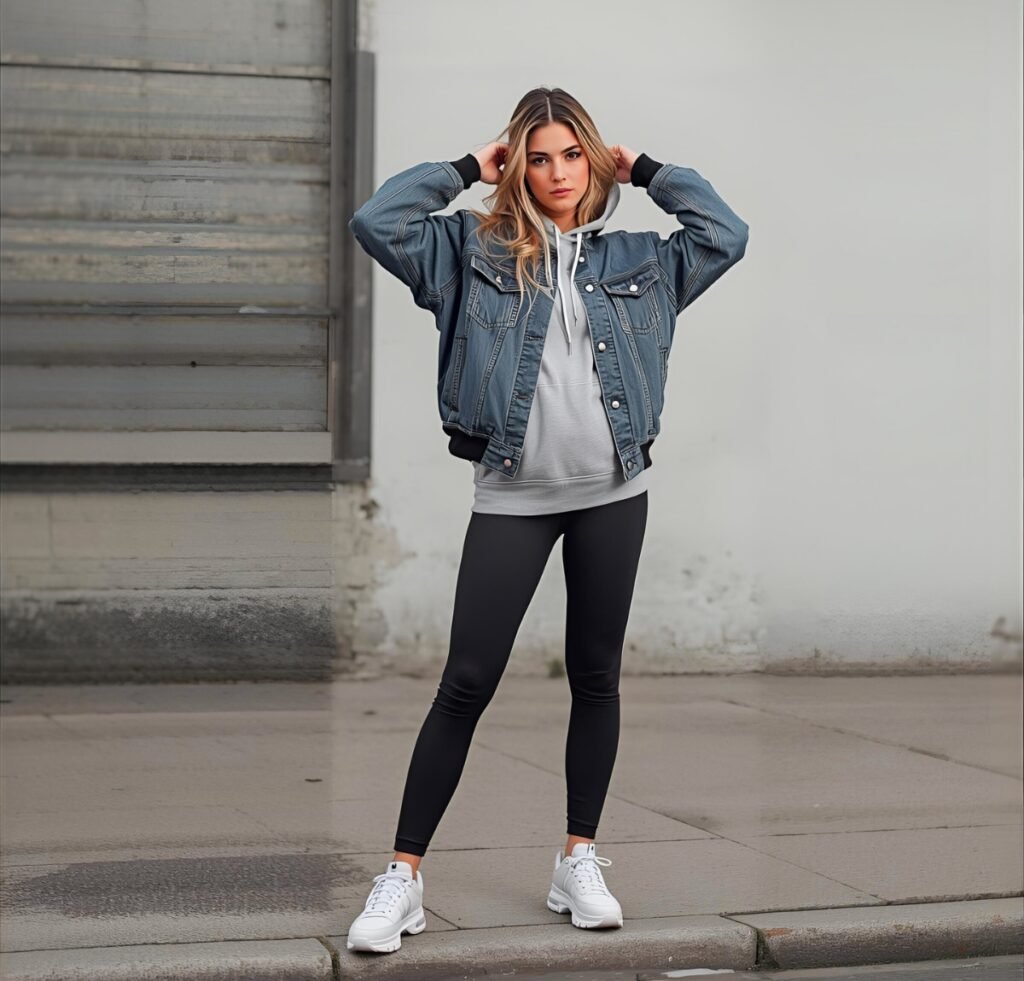A fashion-forward woman stands on a city sidewalk wearing a relaxed-fit denim bomber jacket layered over a light gray hoodie and black leggings. She pairs white chunky sneakers and has her hands raised to adjust the hood, showcasing a casual, weekend-ready look.