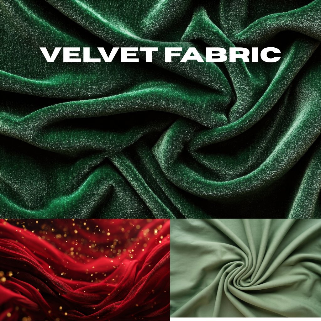 Close-up collage of luxurious velvet fabrics in green, red, and light sage colors with a soft drape and shimmering texture.