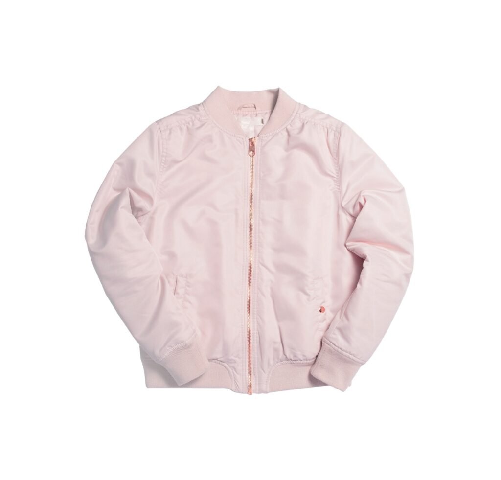 A light pink bomber jacket with a rose-gold zipper, ribbed cuffs and hem, two side pockets, and a simple collar.