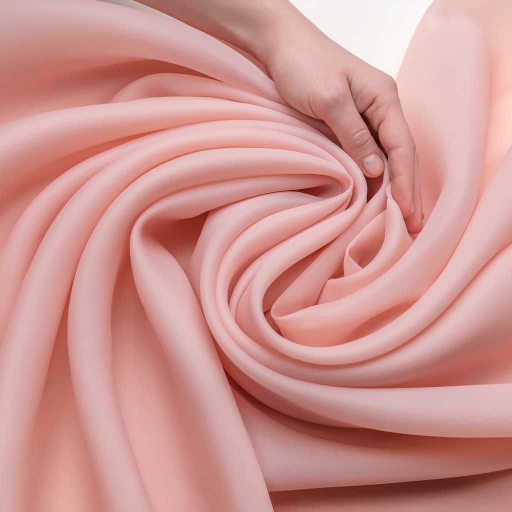 Close-up of soft pink matte organza fabric being gently gathered by a hand, showing smooth, non-shiny drape and subtle folds.