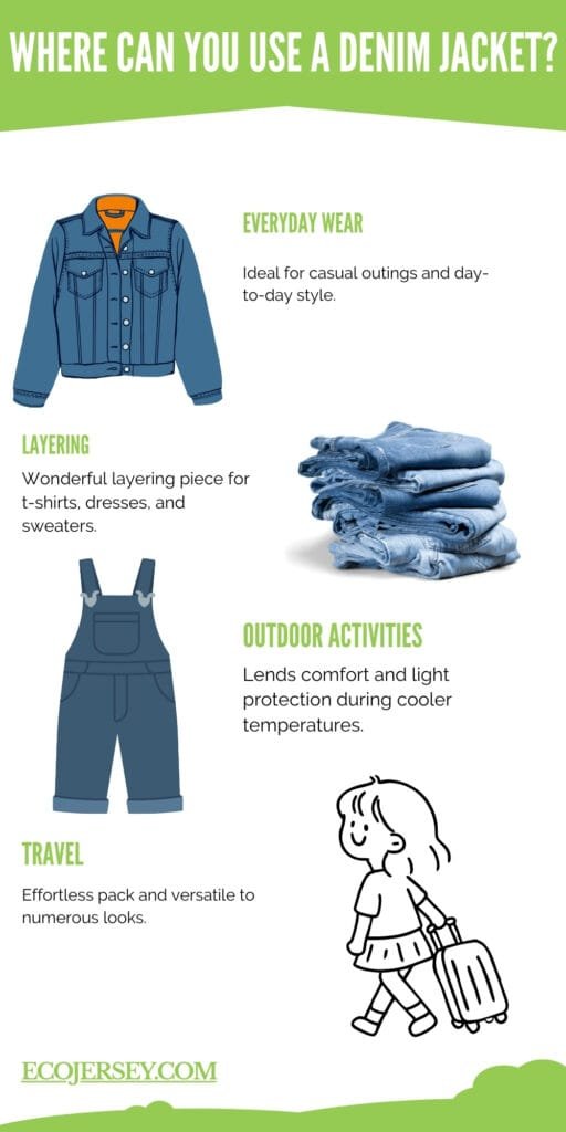 “An infographic about denim jackets titled ‘Where Can You Use a Denim Jacket?’ featuring a denim jacket illustration, stacked jeans, denim overalls, and a cartoon girl with a suitcase, with green accents and the Ecojersey.com branding.”