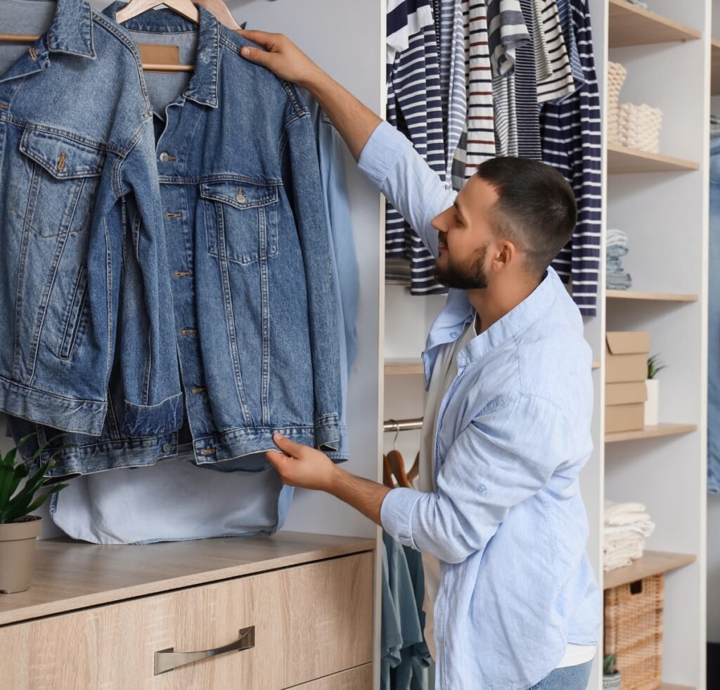 A man in a light blue shirt stands in a neatly organized closet, holding up a blue denim bomber jacket next to several other denim pieces and striped shirts hanging on a rack.