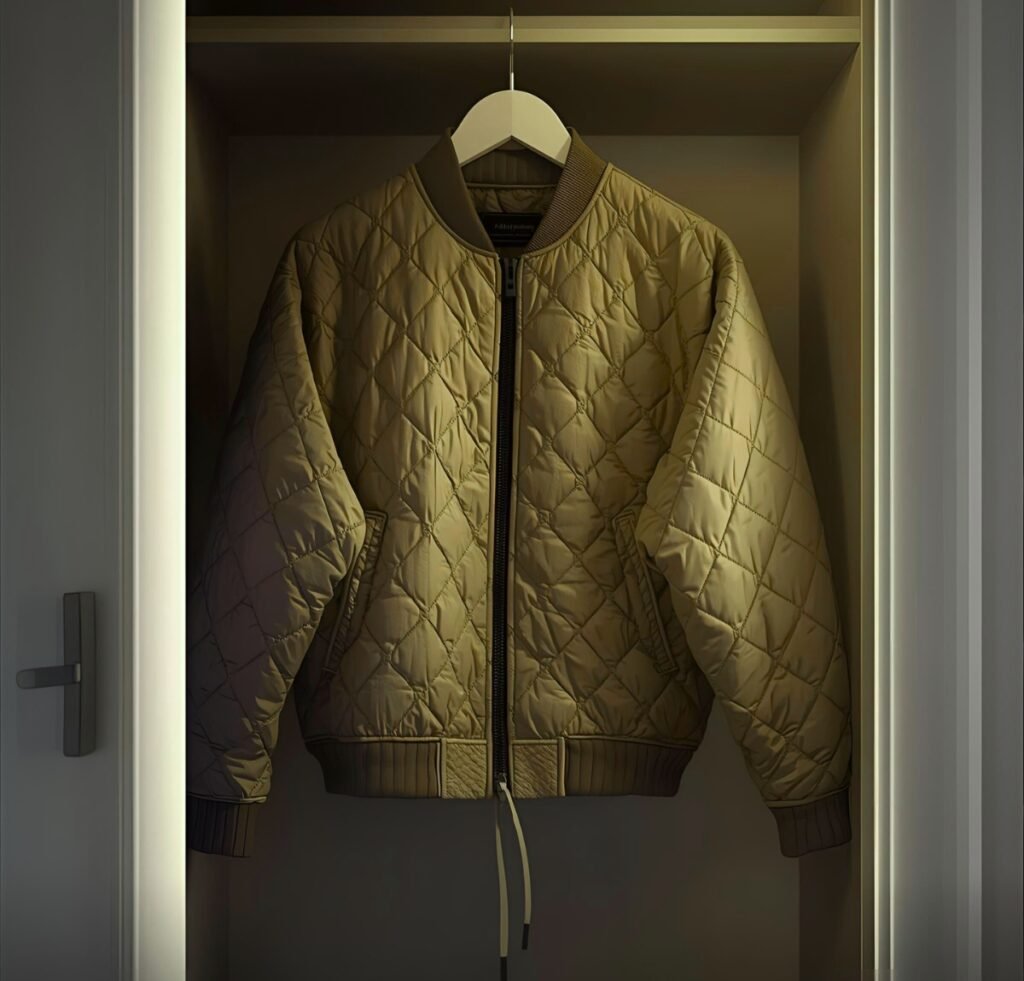 A tan quilted bomber jacket hangs on a wooden hanger inside a wardrobe, featuring a diamond quilt pattern, ribbed cuffs and hem, a front zipper, and side pockets.