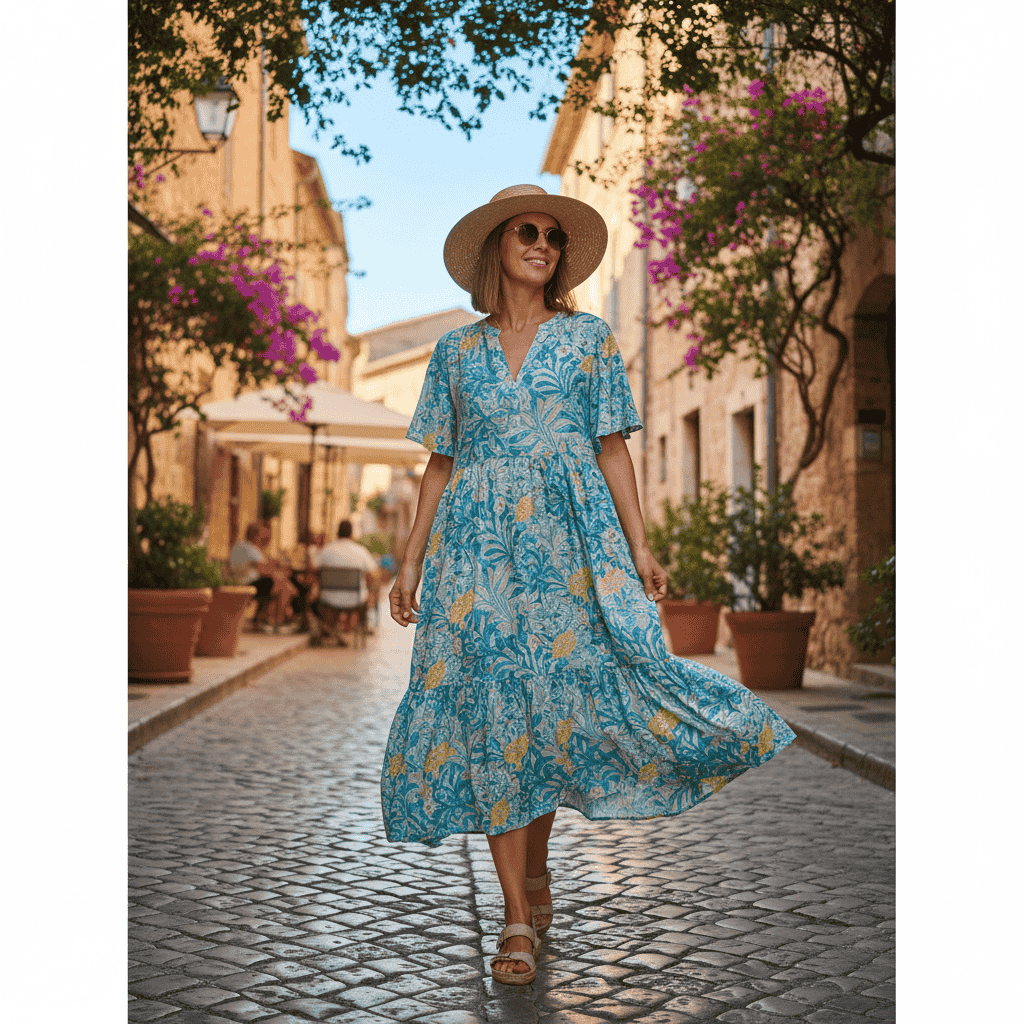 Woman wearing a breathable rayon summer dress on a sunny day