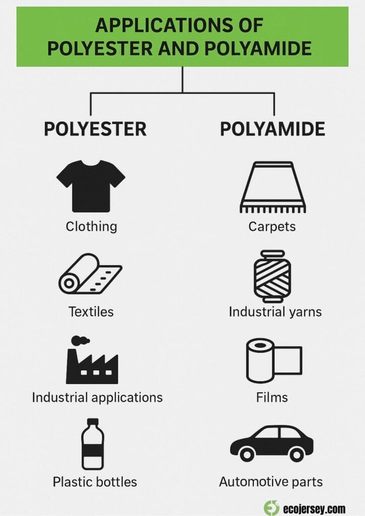 Applications of polyester and polyamide in various industries.