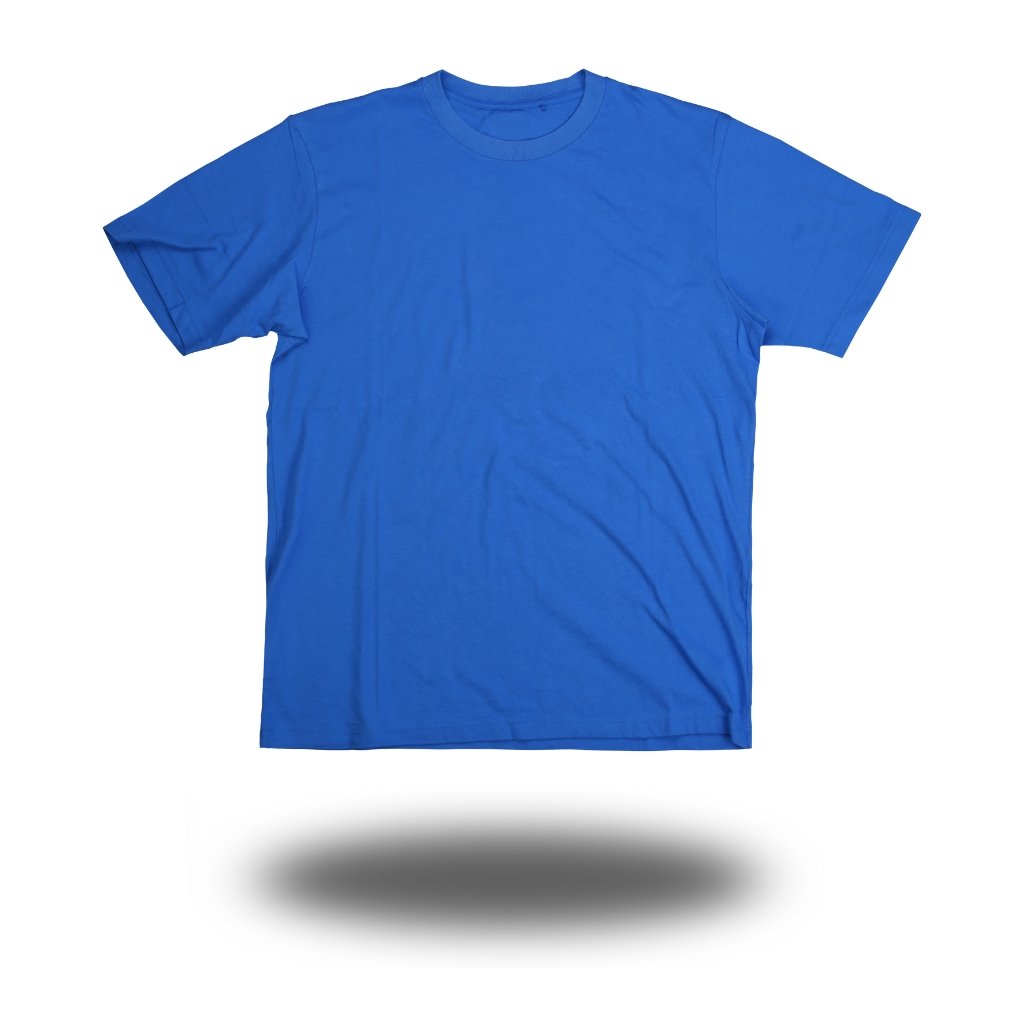 Blue short-sleeve T-shirt floating above a soft shadow. batiste cotton fabric