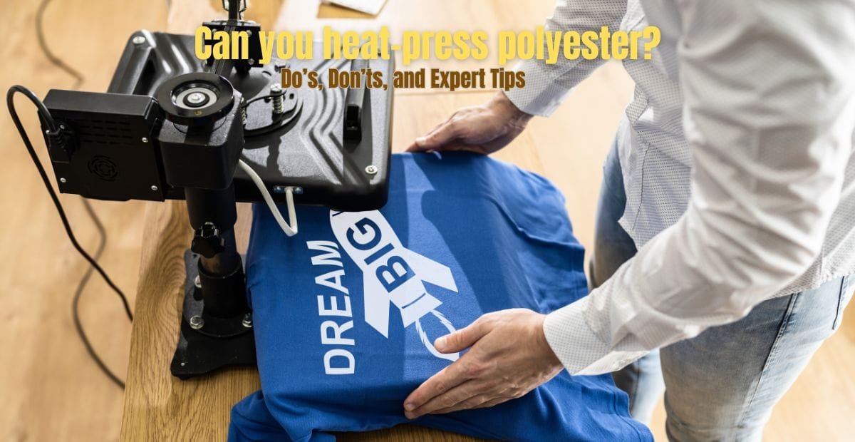 Person heat-pressing a polyester T-shirt with a printed design.