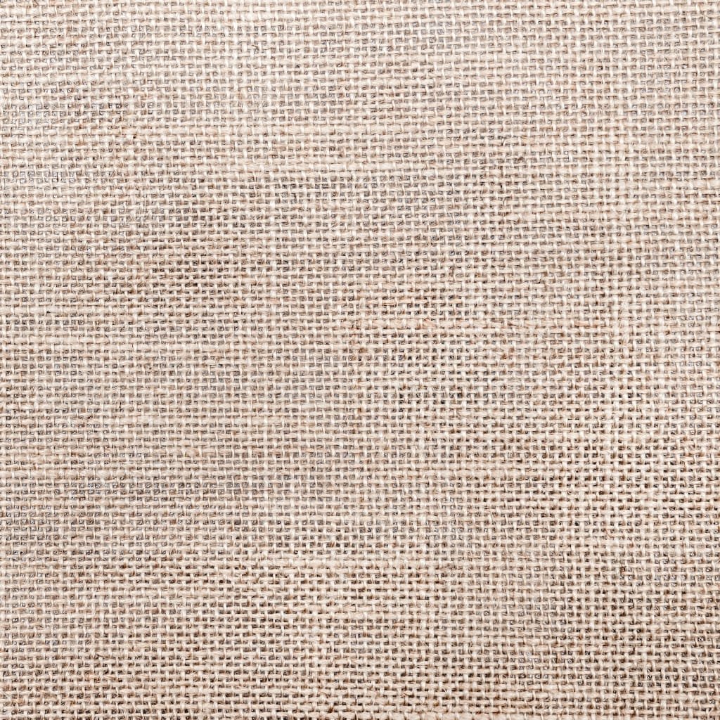 A close-up texture of beige burlap fabric with visible woven fibers.