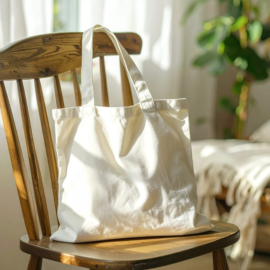 Plain white tote bag hanging on the back of a wooden chair, sunlight streaming in a bright room with a leafy plant in the background. canvas cotton fabric