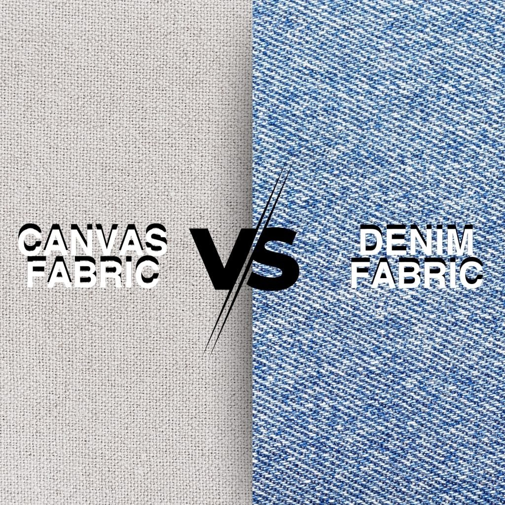 Split image showing beige canvas fabric on the left and blue denim fabric on the right with bold 'CANVAS FABRIC' and 'DENIM FABRIC' text and a large 'VS' in the center.