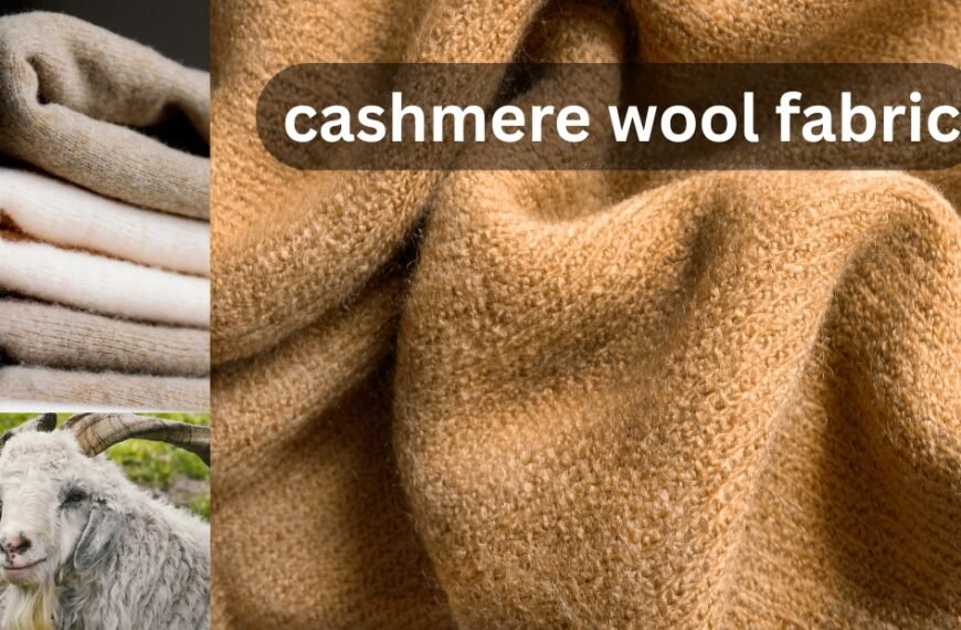A collage featuring soft cashmere wool fabric in a warm beige color, folded textiles on the left, and a white goat in a natural setting at the bottom left.
