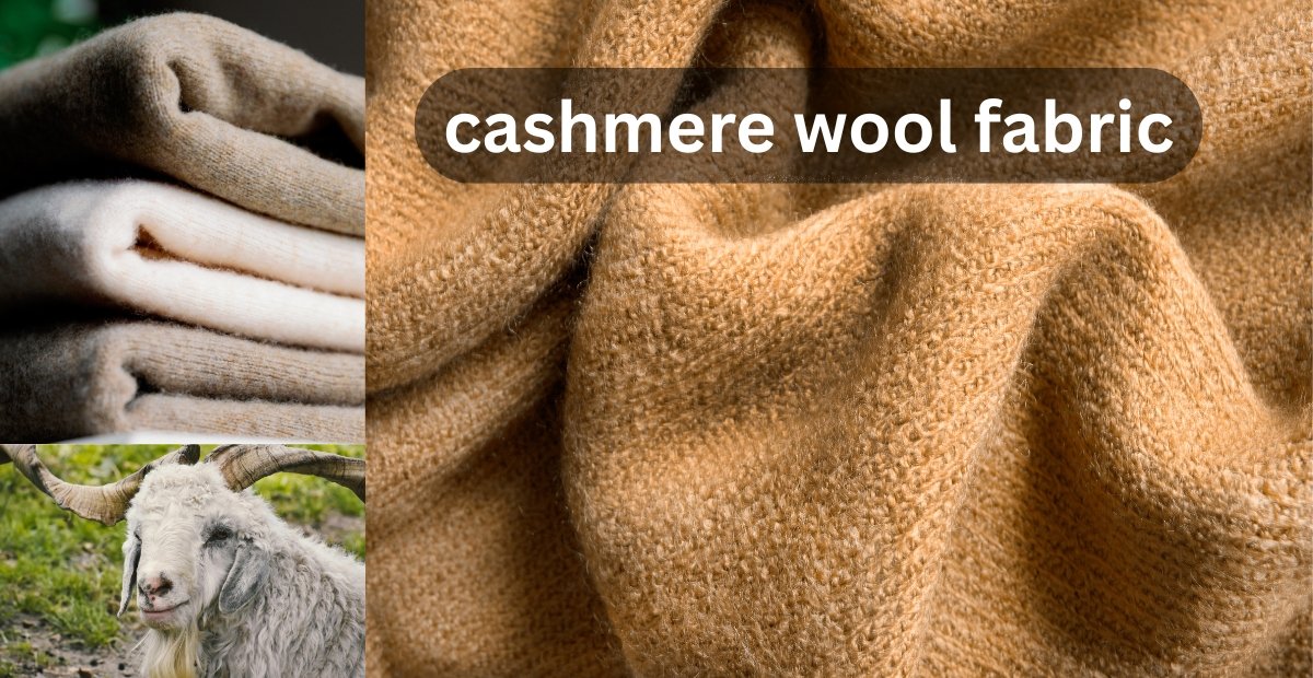 A collage featuring soft cashmere wool fabric in a warm beige color, folded textiles on the left, and a white goat in a natural setting at the bottom left.