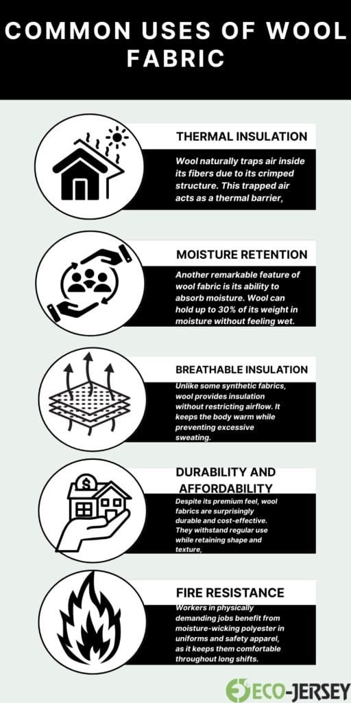 An infographic titled “Common Uses of Wool Fabric” featuring five circular icons with corresponding black-and-white captions: 1) Thermal insulation with a house icon and sun; 2) Moisture retention with hands holding droplets; 3) Breathable insulation with a layered fabric diagram; 4) Durability and affordability with a hand holding a house; 5) Fire resistance with a flame icon. Each item has a bold header and a brief descriptive paragraph on a black text box. The bottom credit shows the Eco-Jers logo.