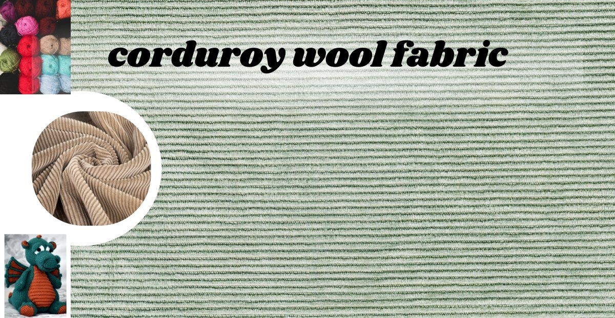 Close-up view of green corduroy wool fabric with distinctive vertical wale ridges; small circular inset shows beige corduroy texture, along with colorful yarns and a knitted dragon toy in the corner.