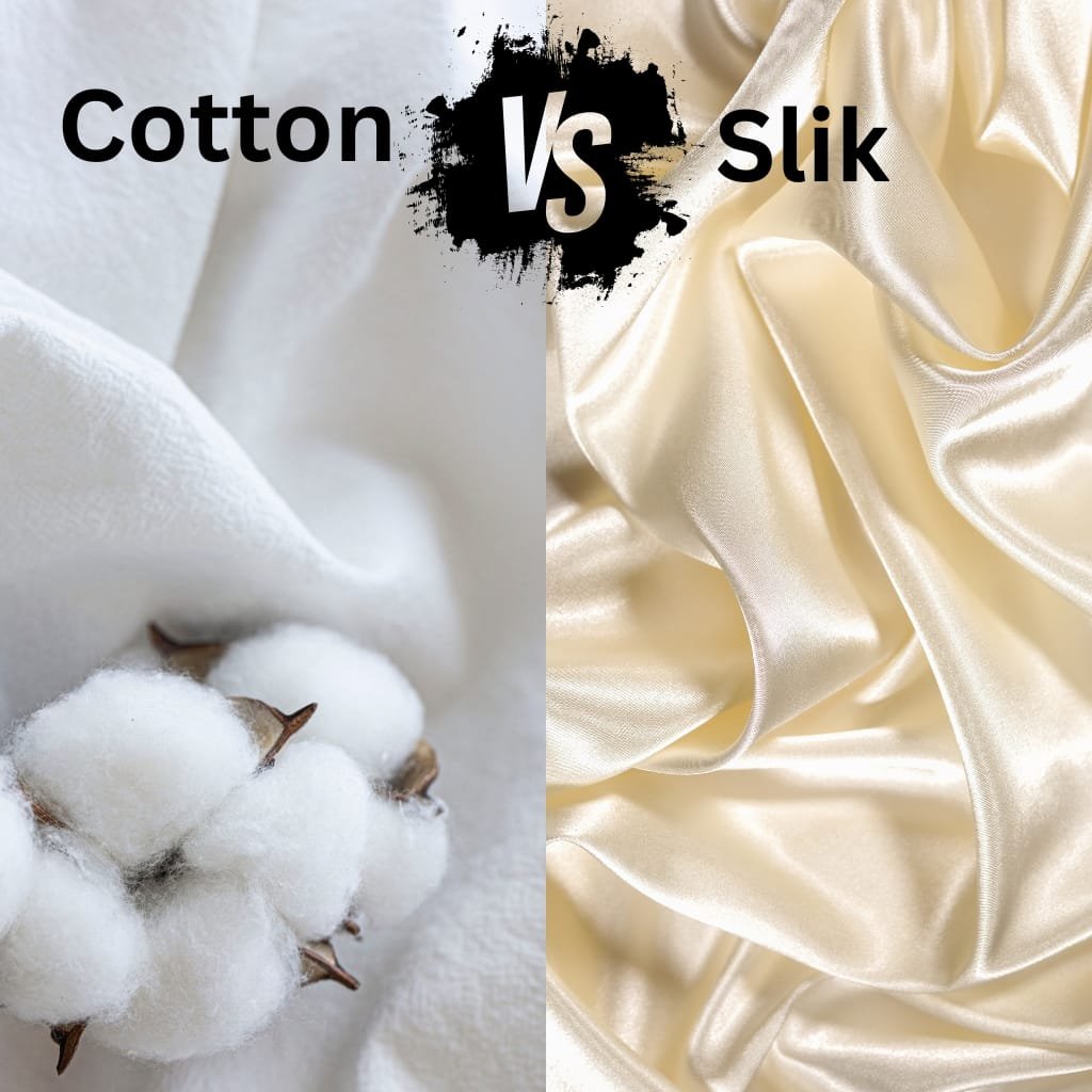 Drill Cotton Fabric: What It Is & How to Use It 10 A split image showing cotton on the left and silk fabric on the right, with a bold “VS” graphic in the center.