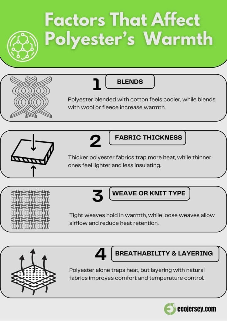 Infographic detailing the factors affecting polyester’s warmth, such as fabric blends, thickness, weave type, and layering.