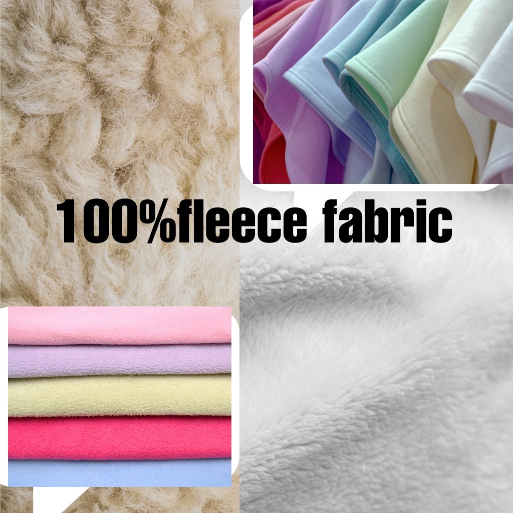 Collage featuring close-ups of fleece/wool textures and folded fabrics in pastel colors, with bold text that reads '100% fleece fabric' across the center.