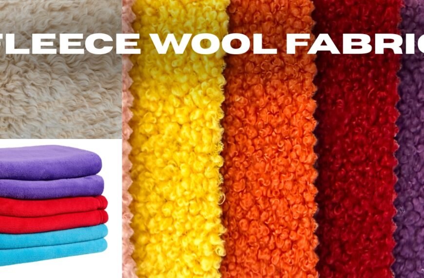 Close-up view of colorful fleece wool fabric swatches arranged in vertical strips: left side shows soft light beige swatch and a stack of folded bright fleece in purple, red, turquoise, and light blue; right side displays vertical ribbons of yellow, orange, red, maroon, and purple fleece textures.fleece wool fabric
