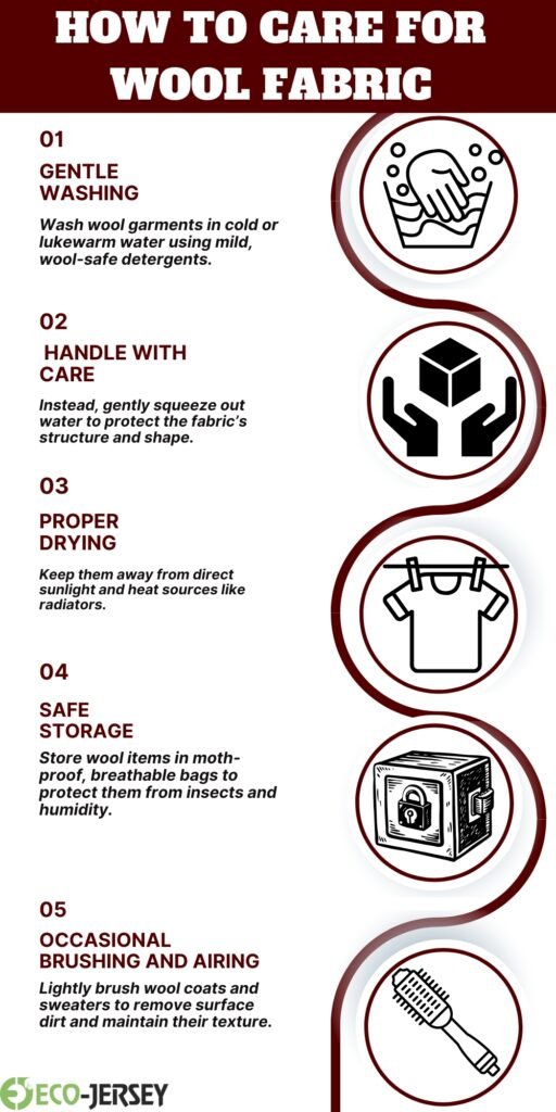 Infographic titled 'How to Care for Wool Fabric' with five sections: 01 Gentle Washing, 02 Handle with Care, 03 Proper Drying, 04 Safe Storage, 05 Occasional Brushing and Airing. Each section has a short tip and circular icons illustrating washing, handling, clothing, a safe storage box, and a clothes brush.